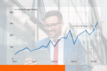 Imagem ilustrativa de um aumento nos cliques e atrás o cliente satisfeito com os resultados